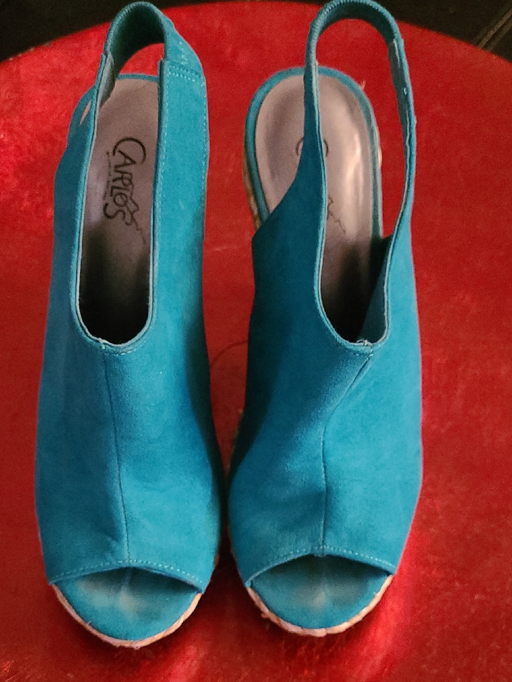 Carlos Santana Teal Open-Toe Suede Wedge Slingbacks